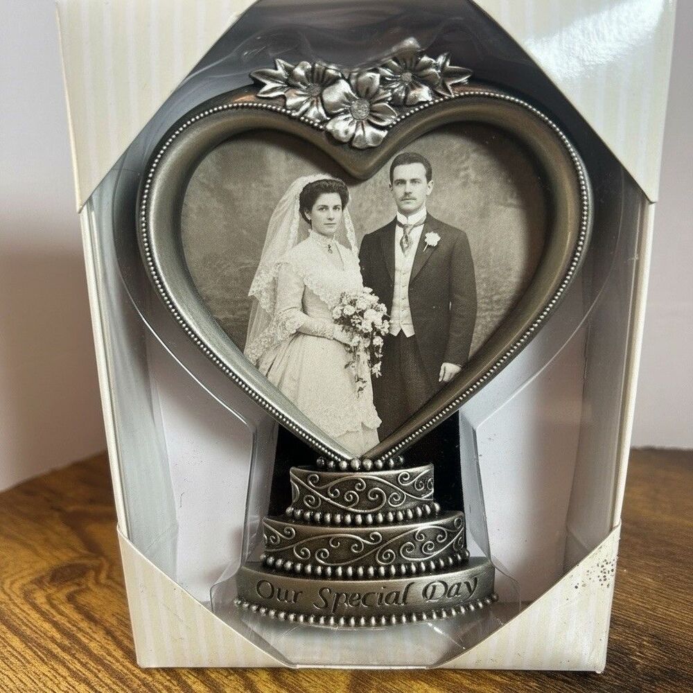 Fetco Wedding Heart & Cake Photo Frame “OUR SPECIAL DAY” 3.5" x 4" In Box Pewter